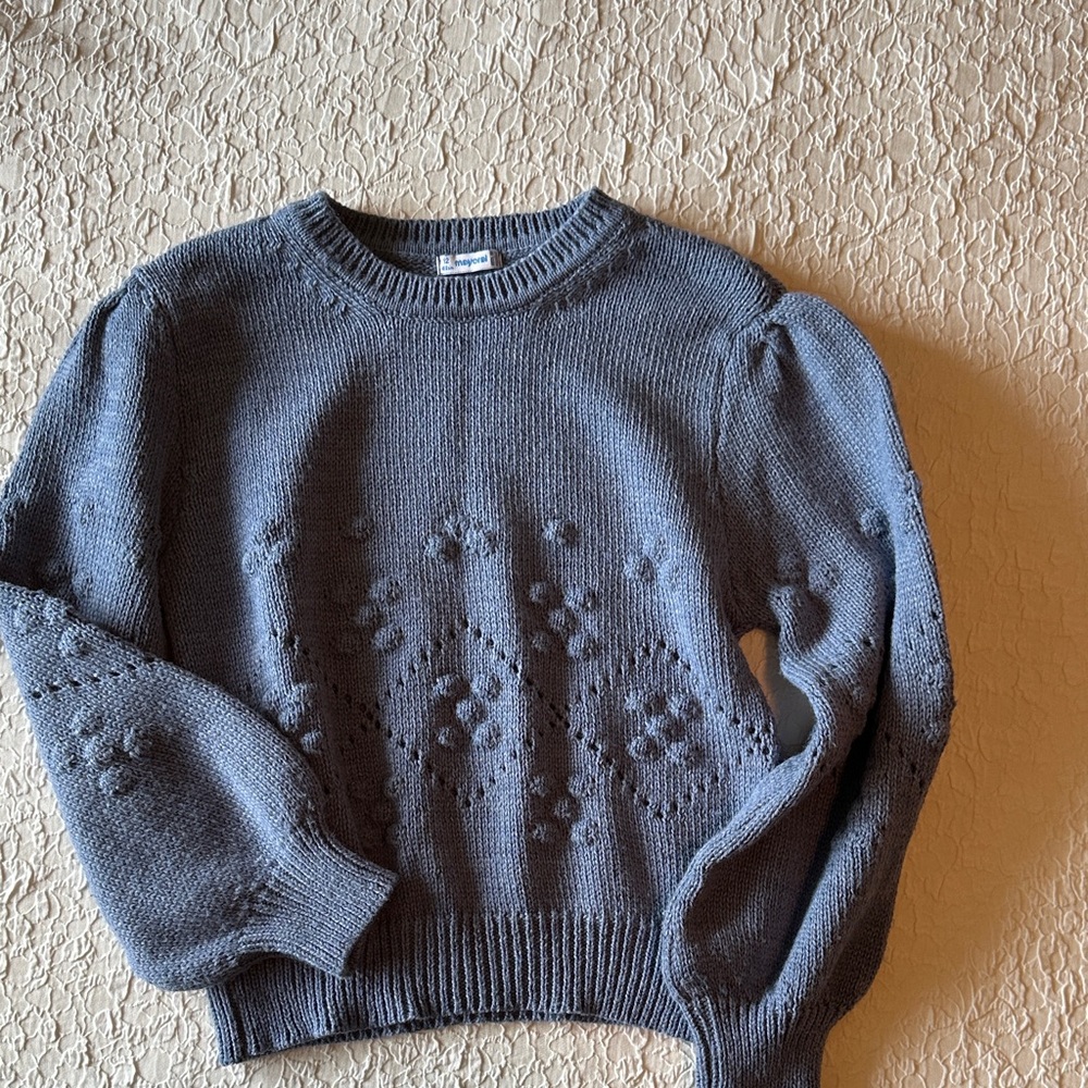 Girls’ Mayoral Slate blue Knit Sweater with Floral Design— size 12